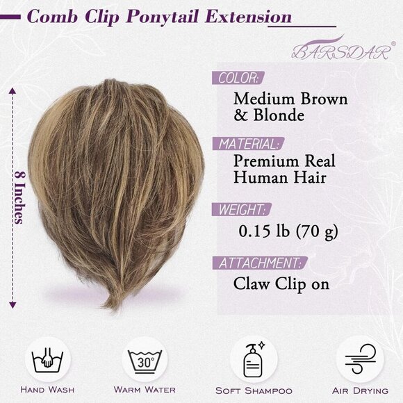 Human Hair Ponytail Extension Short Brown Blonde Claw Clip Messy Bun main image 7